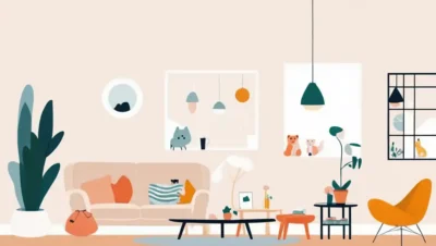 En hyggelig norsk hjem interiør scene fyldt med blød belysning og legesyge legetøj.