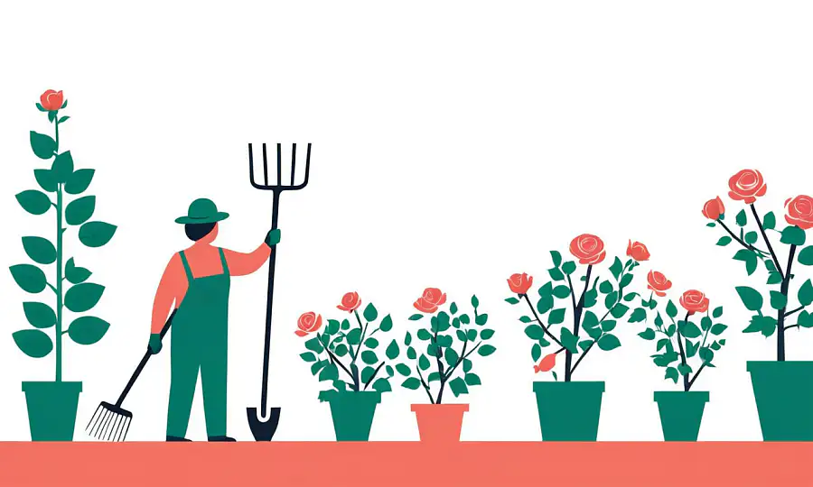 Gardener beuning roser med haveredskaber og sunde blomstrer i nærheden.