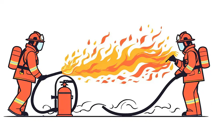En gruppe brandmænd iført sikkerhedsgear, mens de slukker en stor flamme.