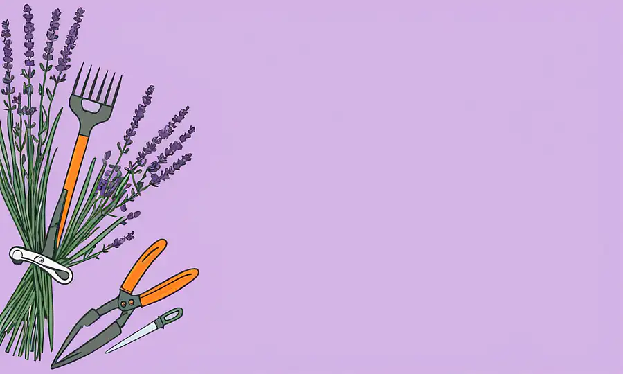 En buket af lavendel blomster omgivet af forskydninger og haveredskaber.