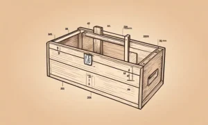 En tømrer ved hjælp af en træ værktøjskasse med målinger og diagrammer.