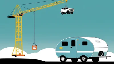 En lille trailer løftet af kran til installation på en bakkeside under 2.30 meter højdegrænsen.
