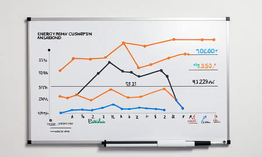 Grafisk illustrerende energiforbrug data på en whiteboard baggrund.