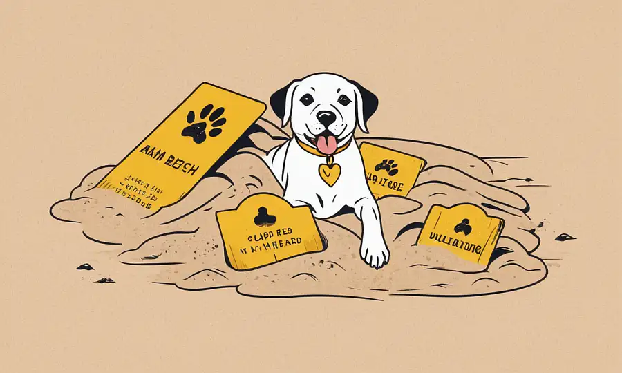 En hund begravet i sand på stranden, omgivet af begravelsesbestemmelser tegn og kommune personale.