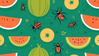 Billeder af husholdnings skadedyr omkring en melon.