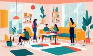 Vibrant interiør scene med farverige materialer og studerende involveret i kreative aktiviteter.