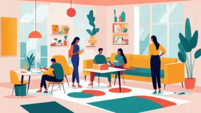 Vibrant interiør scene med farverige materialer og studerende involveret i kreative aktiviteter.