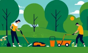Person har tendens til en frodig grøn græsplæne med haveredskaber og miljøvenlige produkter omkring dem.