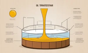 Træoliebehandlingsprocesser vises på et teknisk diagram.