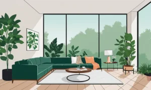 Stue med gulv til loft-have grønt og moderne møbler.