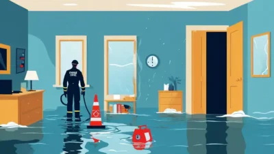 Et oversvømmet hjem interiør med vandlinjeskader og nødpersonale på scenen.
