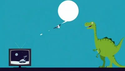 En kastisk illustration af en dinosaur ser tv på en parabol.