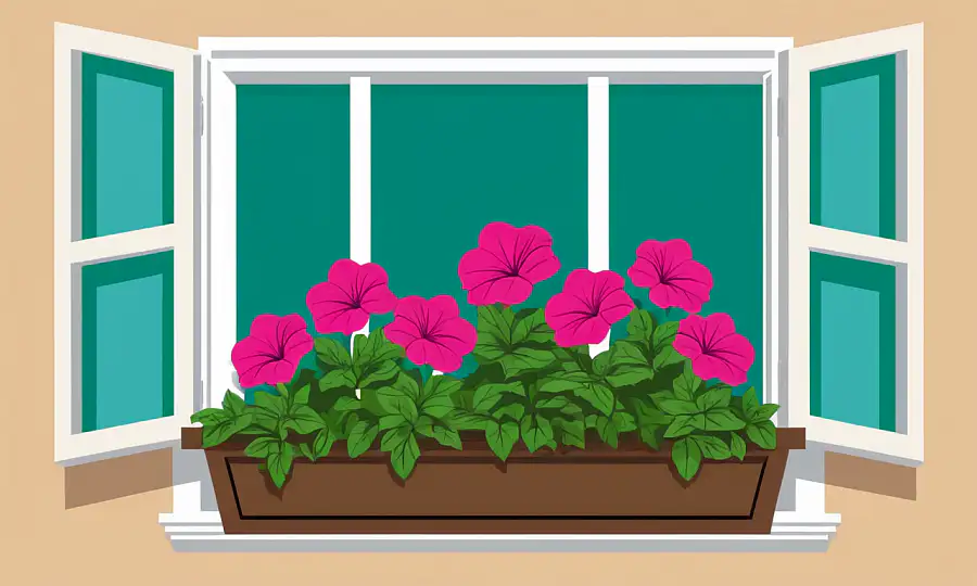 Vibrant petunias blomstrer fra en vindue boks med grønne blade.