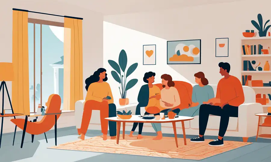 En hyggelig boligscene med familie og venner samlet omkring stuen.