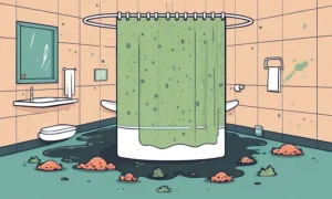 Et badeværelse med et støbt brusekabine gardin og omgivende svampe vækst.