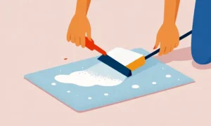 Kvinde med bagepulver til rene pletter fra et tæppe.