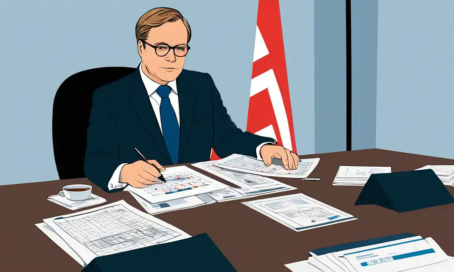 Danmarks statsminister sidder på et skrivebord, omgivet af finansdokumenter og diagrammer.
