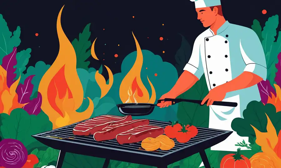 En kok grillet kød med en brændende flamme mens omgivet af levende grøntsager.
