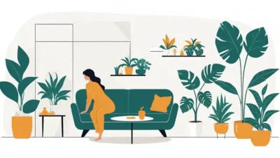 Person omgivet af minimalistiske levende elementer såsom hvide vægge