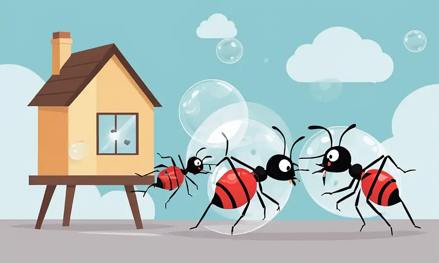 En tegneserie af myrer kæmper off tømrer ant infestation i et hjem