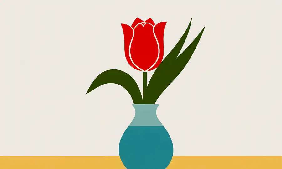 Close-up på tulipaner i en vase med et puslespil eller tvivlende ansigtsudtryk.