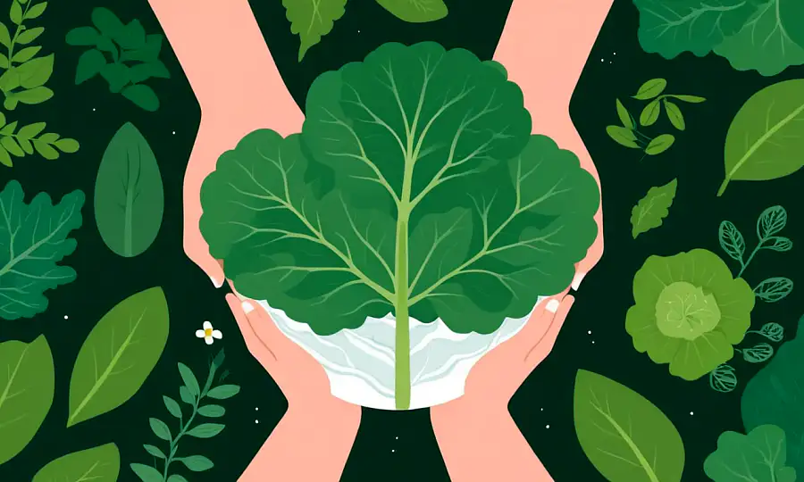 En person, der holder en kål plante midt i en blanding af naturlige og urte retsmidler omgivet af planter.