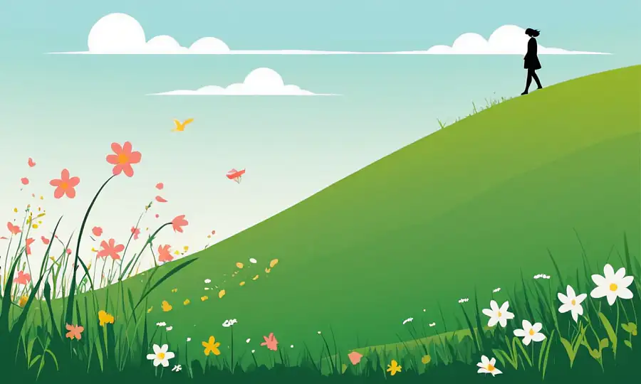 En person første skridt i en forår eng med blomstrende blomster og grønt græs.