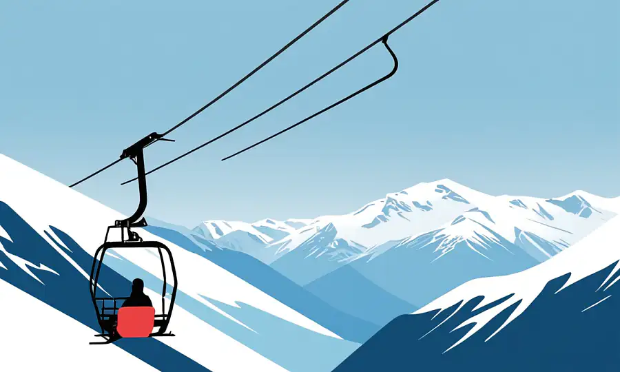 En norsk flag-wielding sæl ridning en skilift midt i sneklædte bjerge.