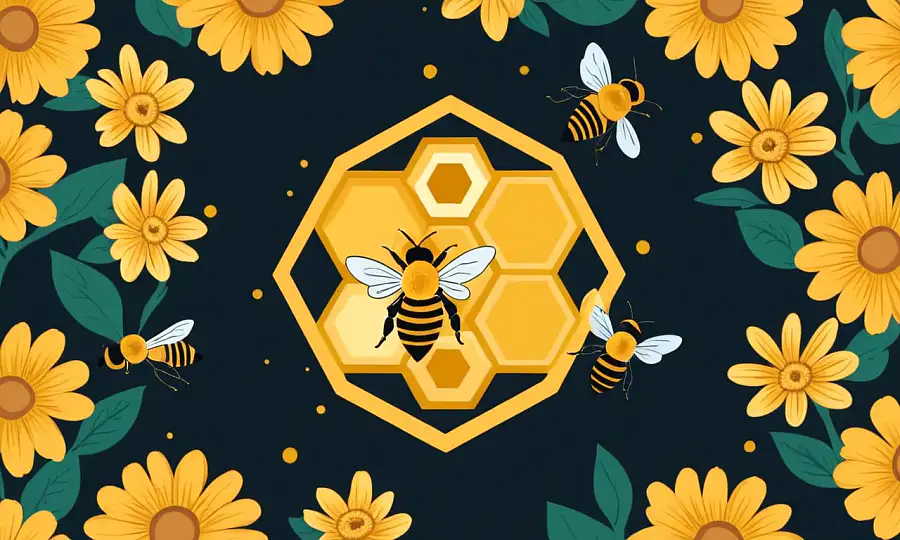 En gylden honeycomb med bier og blomster omkring det.