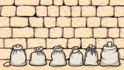 En rustik stenvæg med mørtel og sandbags i forskellige anlægsformer.