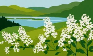 Blomstrende Spirea buske mod en grøn dansk landskab baggrund.