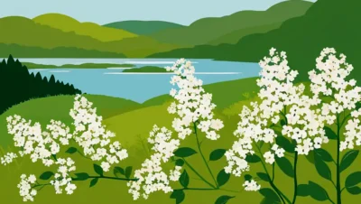 Blomstrende Spirea buske mod en grøn dansk landskab baggrund.