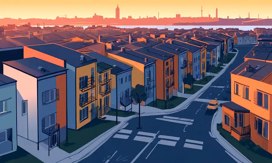 Apartment bygninger og gader i Sydhavn kvarter ved daggry eller dusk