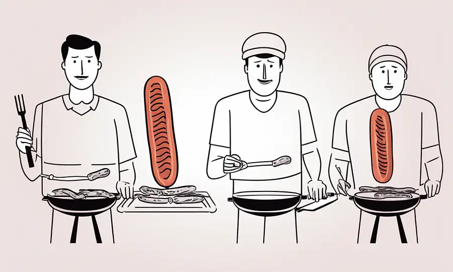 Person holder forskellige typer pølser på en grill med et forvirret udtryk.