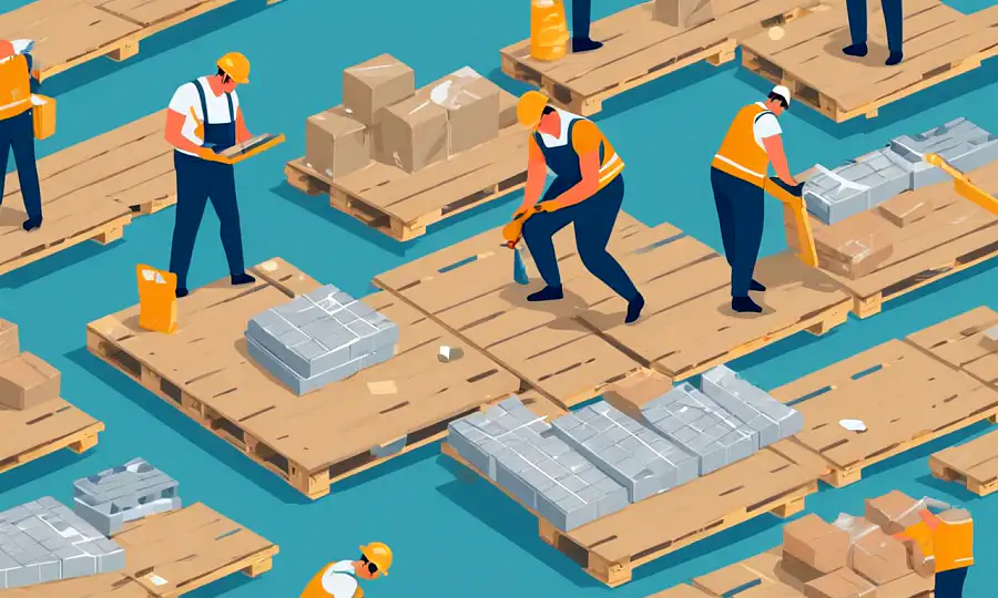 Worker justering af paller sikkert amidst spredte værktøjer og materialer.